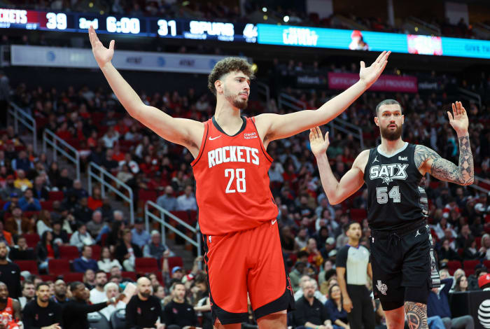 Dec 11, 2023; Houston, Texas, USA; Houston Rockets center Alperen Sengun (28) reacts after a play during the second quarter against the San Antonio Spurs at Toyota Center.